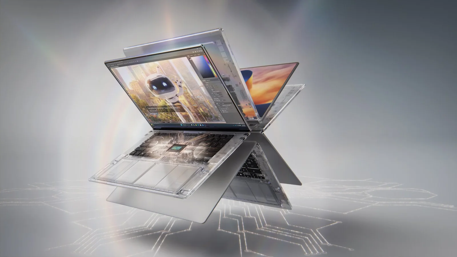 Portátiles con chip Nvidia RTX Spark abiertos y en modo tienda de campaña, con el chasis transparente que deja ver el chip y la batería