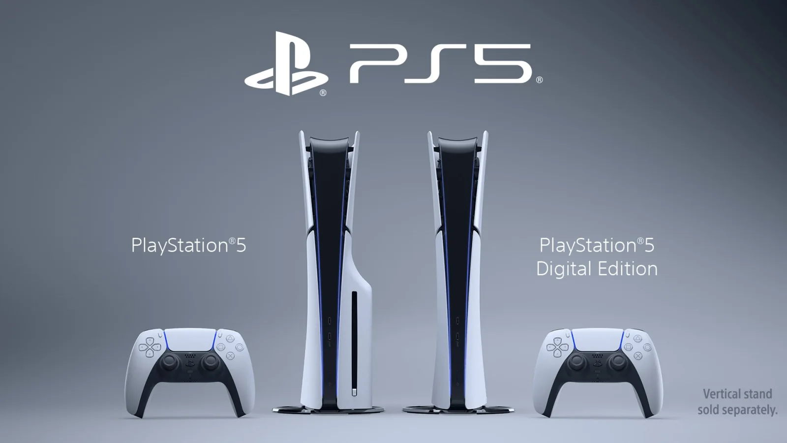 La PS5 con lector de discos junto a la PS5 Digital Edition, cada una con su mando DualSense