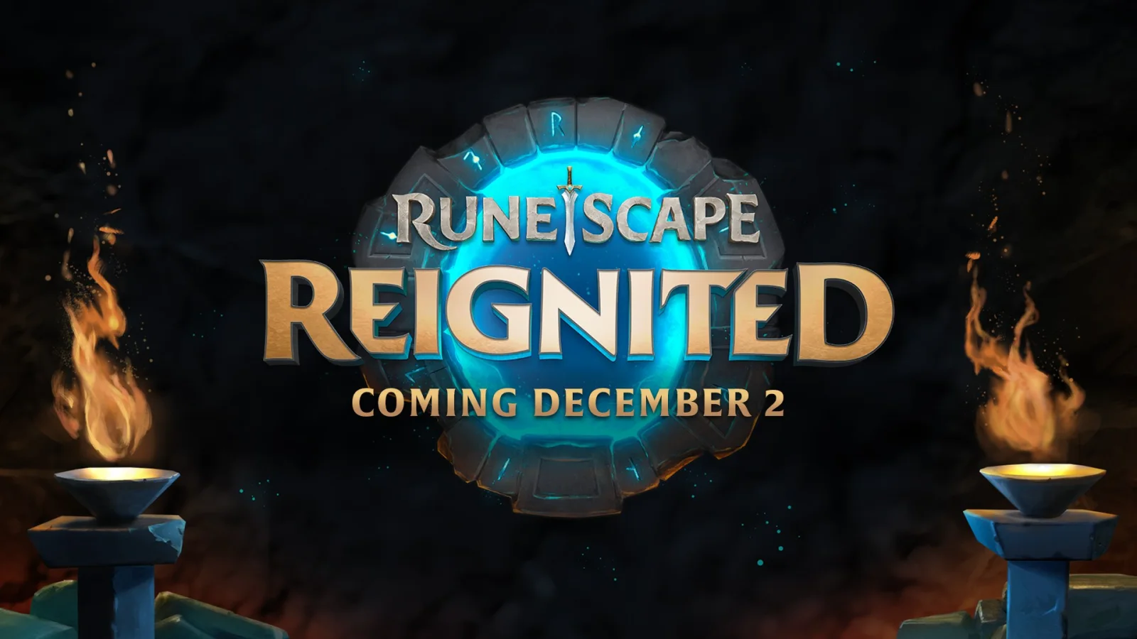 Logotipo de RuneScape Reignited sobre un sello de piedra rúnica azul entre dos antorchas, con el texto «Coming December 2»