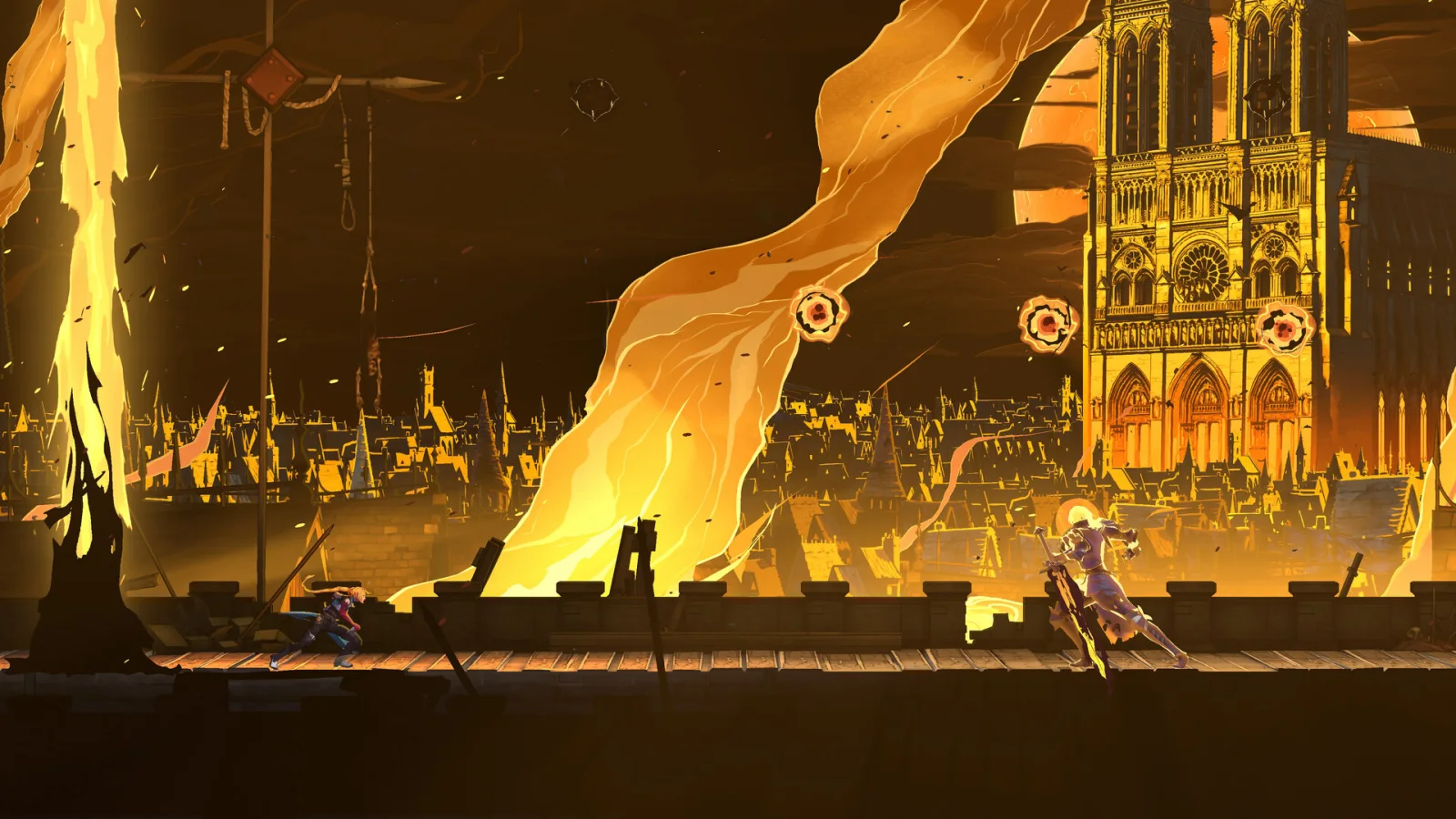 Rose Belmont recorre las murallas de un París en llamas con Notre-Dame al fondo en Castlevania: Belmont's Curse